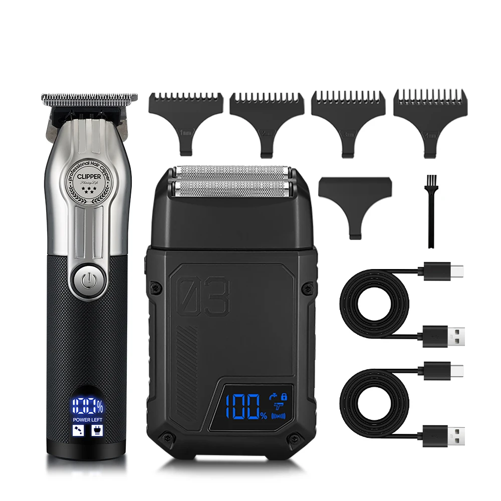 

Electric shaver and hair clipper with USB rechargeable battery, LCD display screen, and accessories