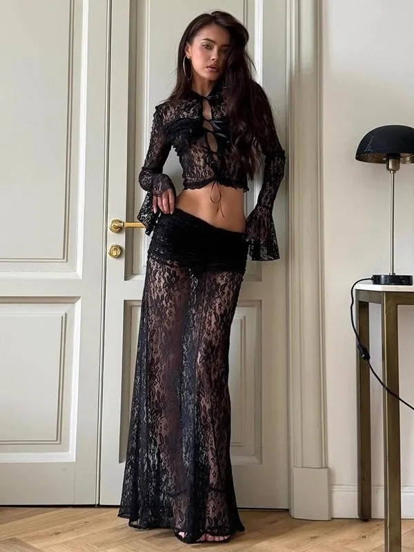 

Sexy Lace Long Sve Crop Top And High Waist Midi Skirt Set Transparent Design Versatile Belted Sle for Young Women