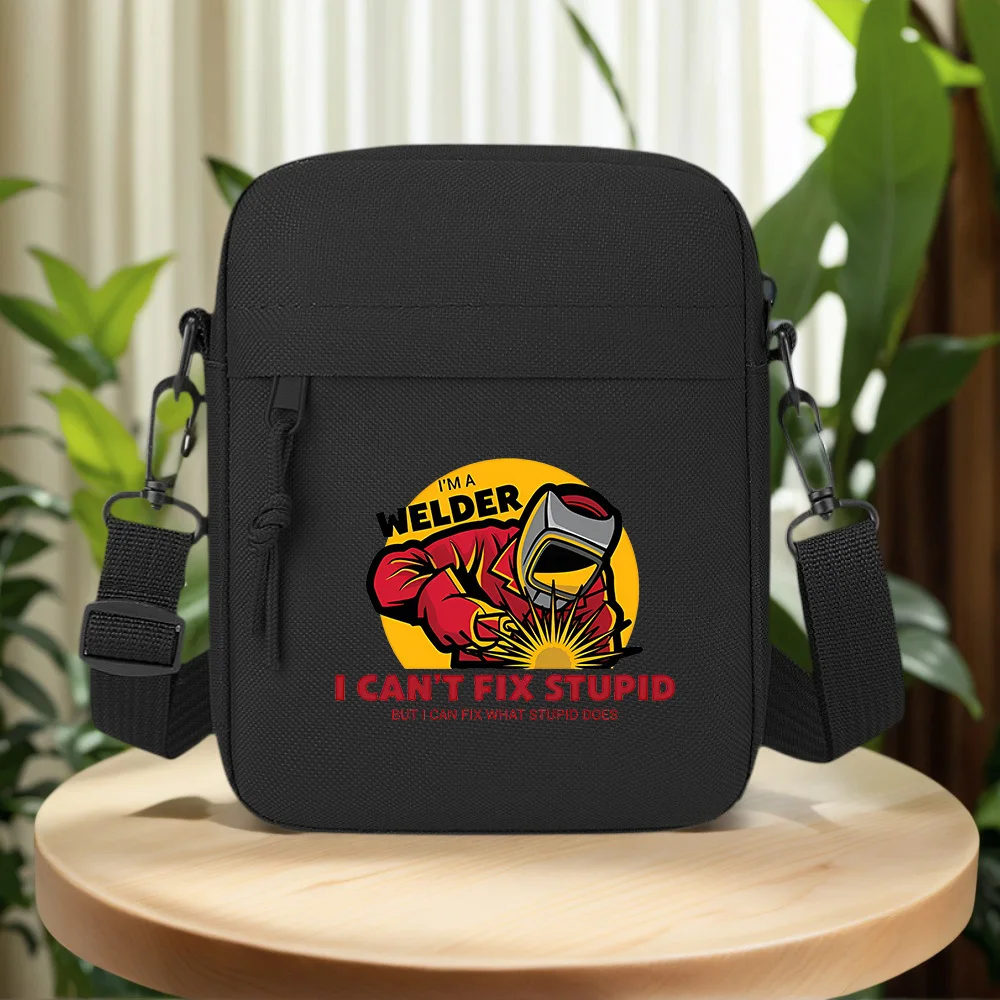 Welder with flame graphic. Humor words. Men Crossbody Bag Single Shoulder Women Cartoon Anime Film Printing Design Unisex