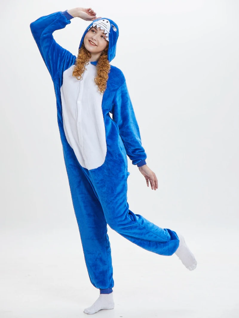 Lovely Lake Blue Shark Hooded Flannel One-piece Hooded pajamas Button Onesie Couple Sleepwear Comfortable Leisure wear Women Men