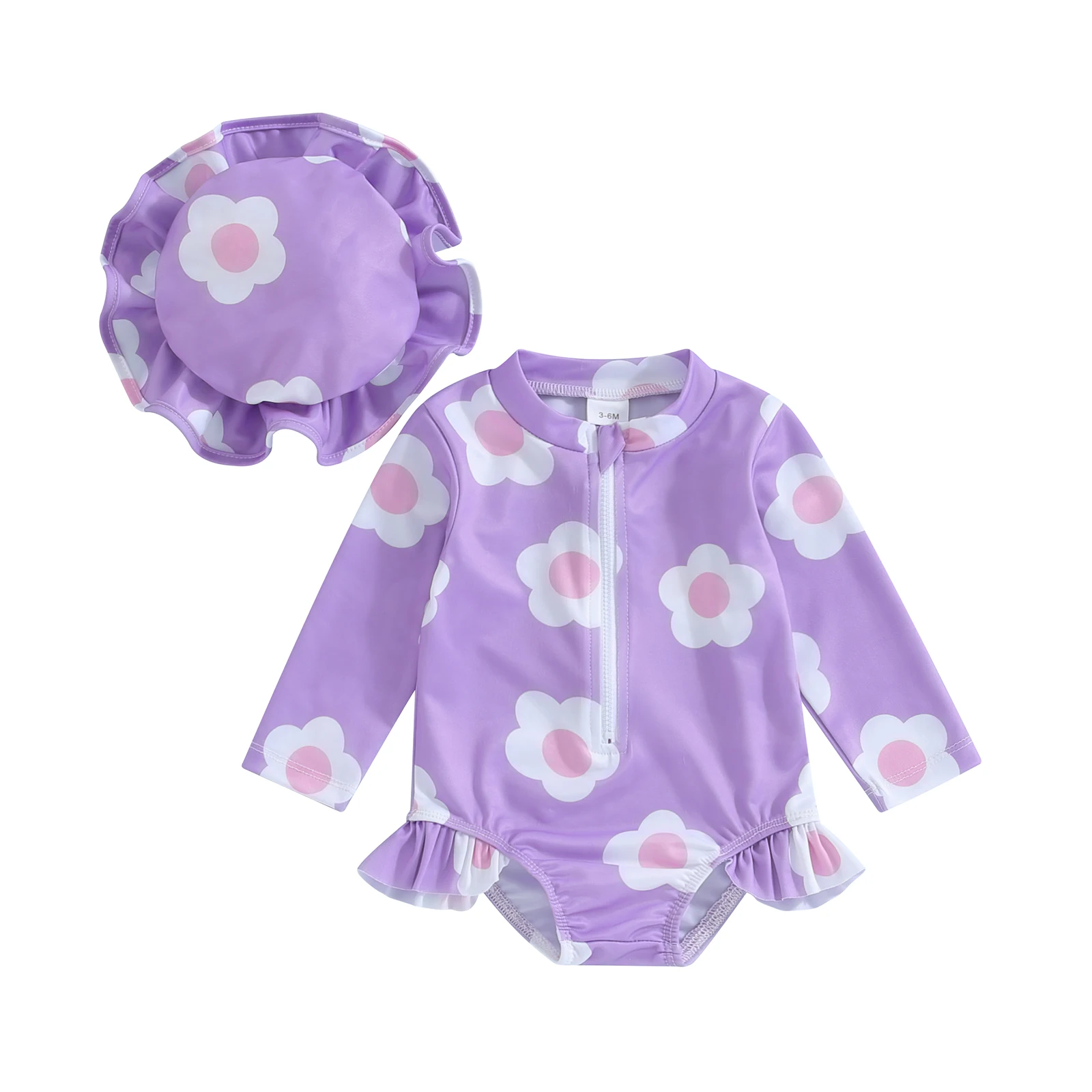 Toddler Girls Jumpsuit Swimsuit with Hat Flower Print Long Sleeve Round Neck Front Zipper Ruffle Bathing Suit