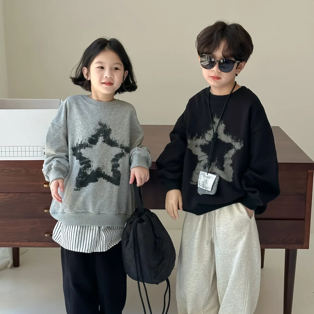 

Girls Boys Hoodie 2024 Autumn Korean Version Five-pointed Star Printed Top Children Loose Hoodie Korean Simple Style Clothes