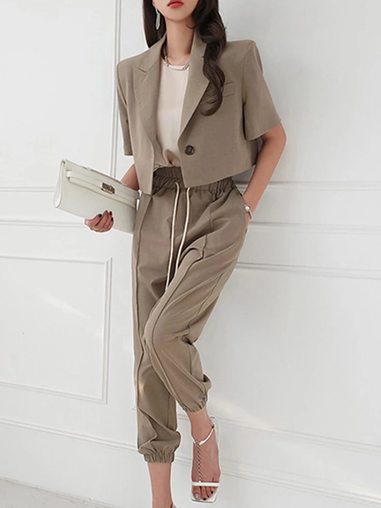 Summer 2 Pieces Outfit Suits Women Y2K Temperament Casual Single Button Short Crop Tops Coat Blazer Suit Elastic Waist Pants Set