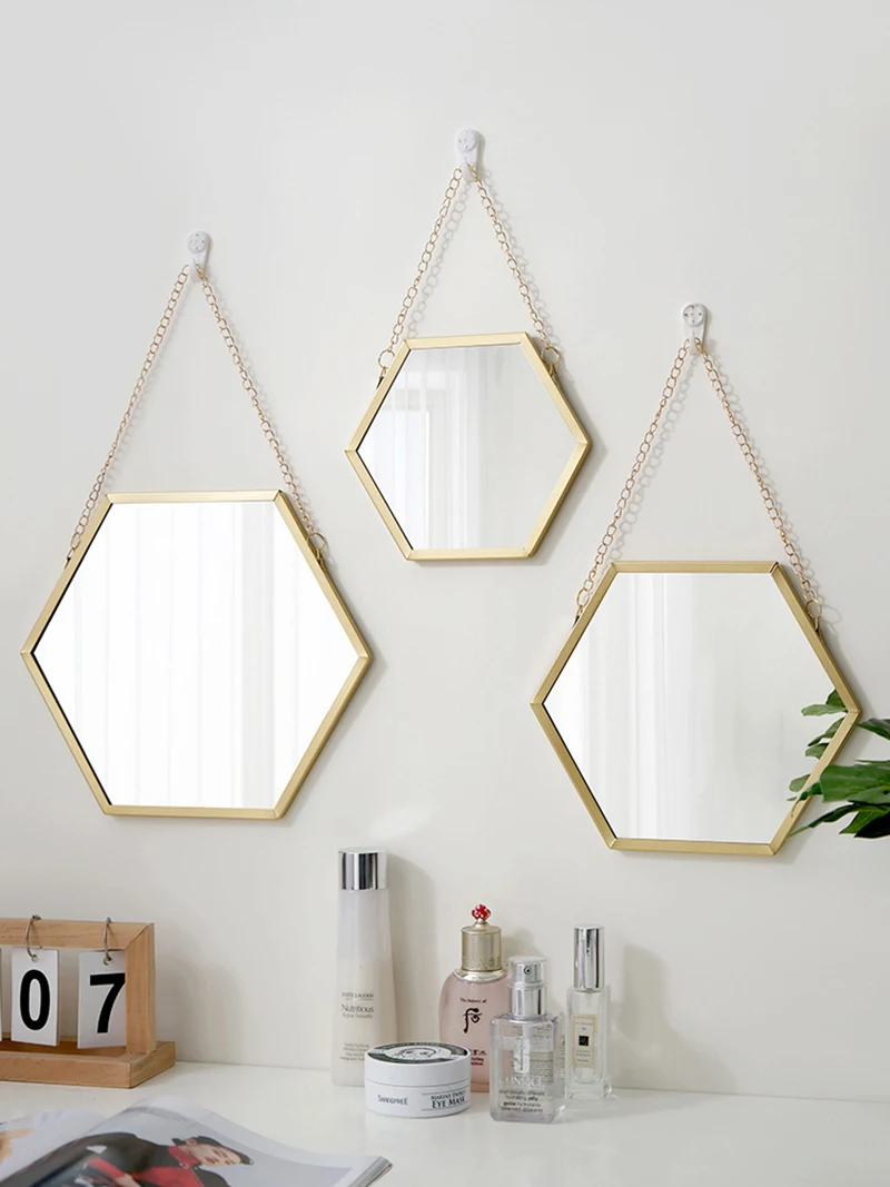 

Decorative Mirror Nordic Wrought Iron Hexagon Wall-mounted Bathroom Home Decor Looking Glass Washstand Makeup Mirror