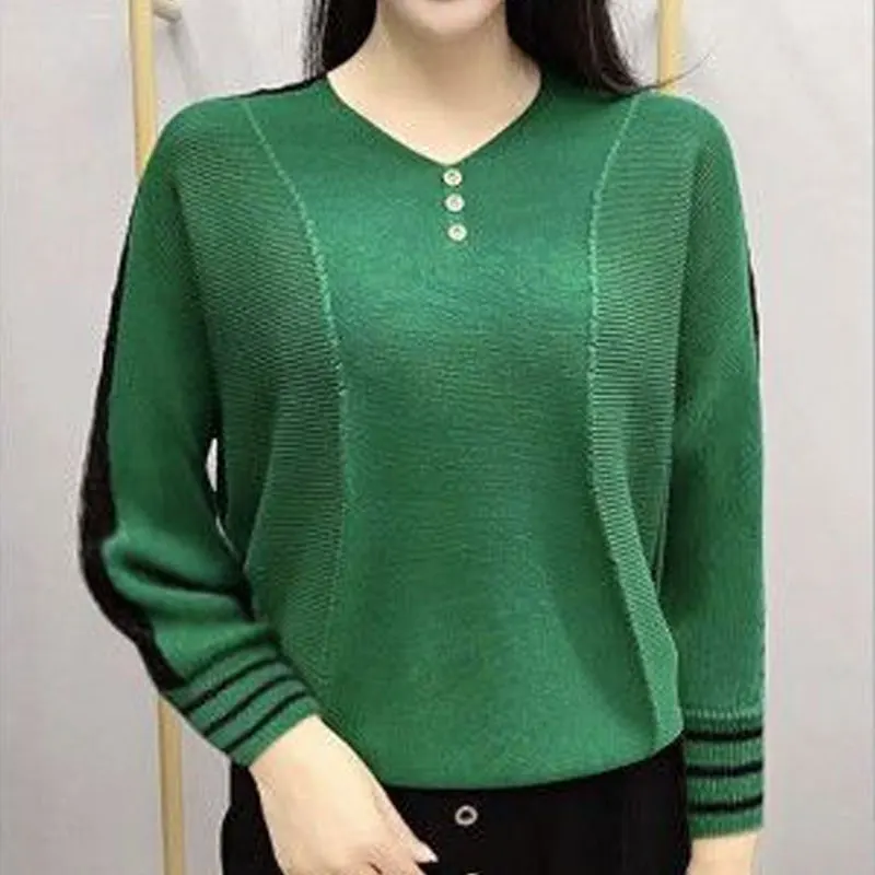 Solid Color Spliced Knitted Shirt Female Clothing Stylish Bright Line Decoration Spring Autumn Basic Casual V-Neck Loose Blouse