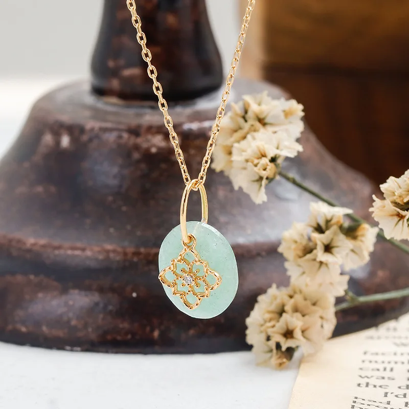 LAMOON Vintage Green Natrual Aventurine Quartz For Women Double Pendant 925 Sterling Silver Gold Plated Fine Jewelry Accessories