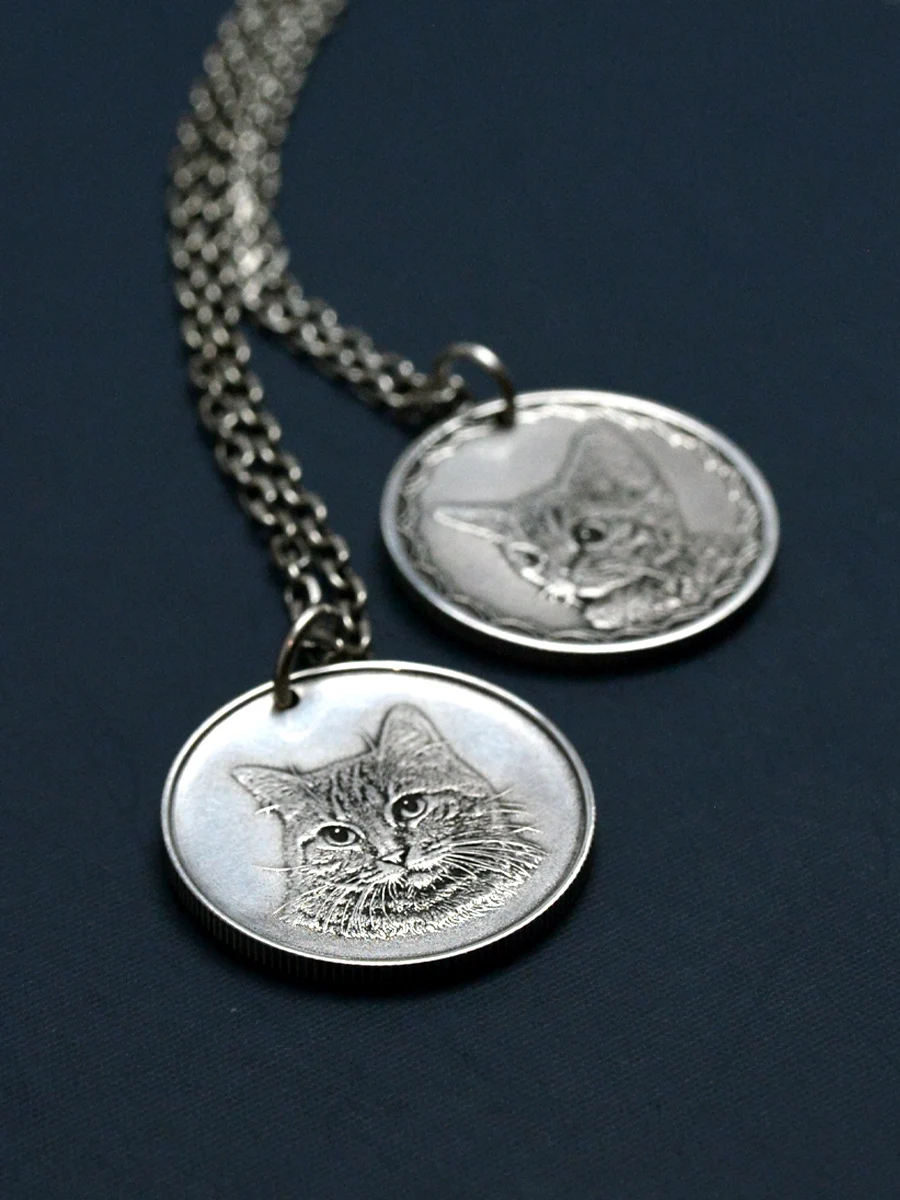 S925 Photo Customized Commemorative Portrait Cat Pendant Dog Pet Souvenir Necklace Creative Gift Personality Fine Silver Coin