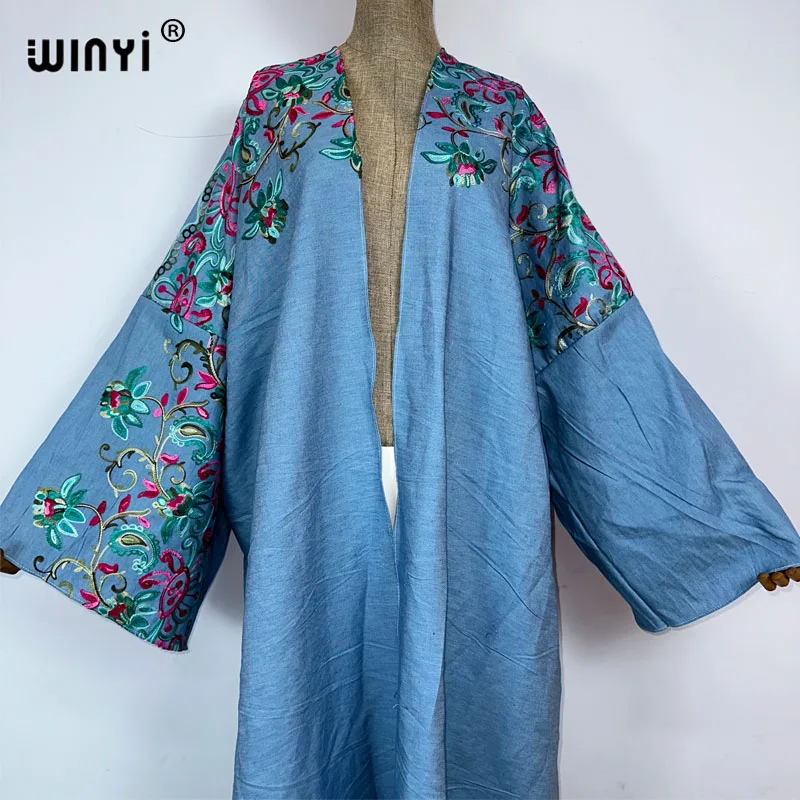 Winyi bestickte weiche Jeans Strickjacke Frauen Mantel lose lange Kleid elegante Party Boho Maxi Strand Urlaub Schwimmen vertuschen Kimono