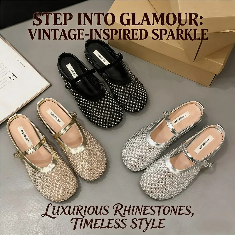 Sandalias planas de lujo con diamantes de imitación para mujer, novedad de verano, suela suave, malla, pantuflas de medio calzón, hebilla de una tira, huecas, transpirables, zapatos casuales
