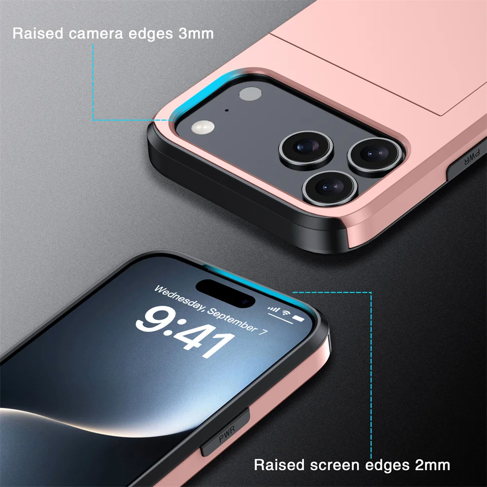 Robuste Handyhülle für iPhone 18 17 16 Plus 15 Pro 15 14 13 12 11 Pro Max mit Brieftaschen-Kartenhalter und Schiebeverschluss aus hartem PC-Schutzmaterial – Detail 13