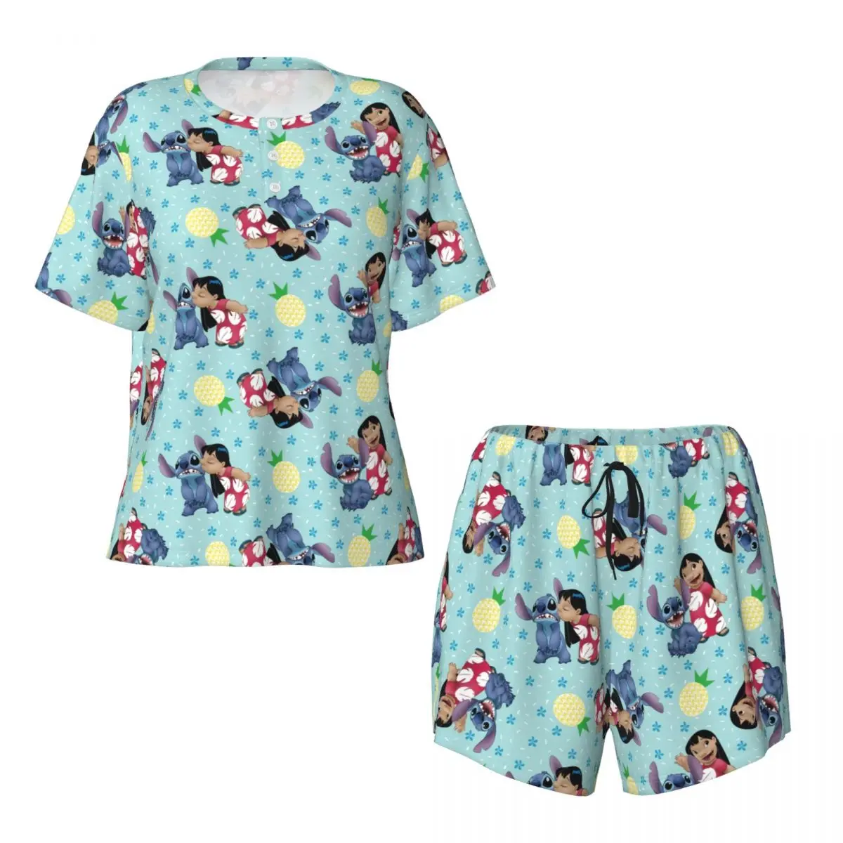 Custom Women's Lilo Stitch Pineapple Pattern Pajamas Set Printed Short Sleeve Sleepwear Loungewear Pjs 2 Piece Sets image 4