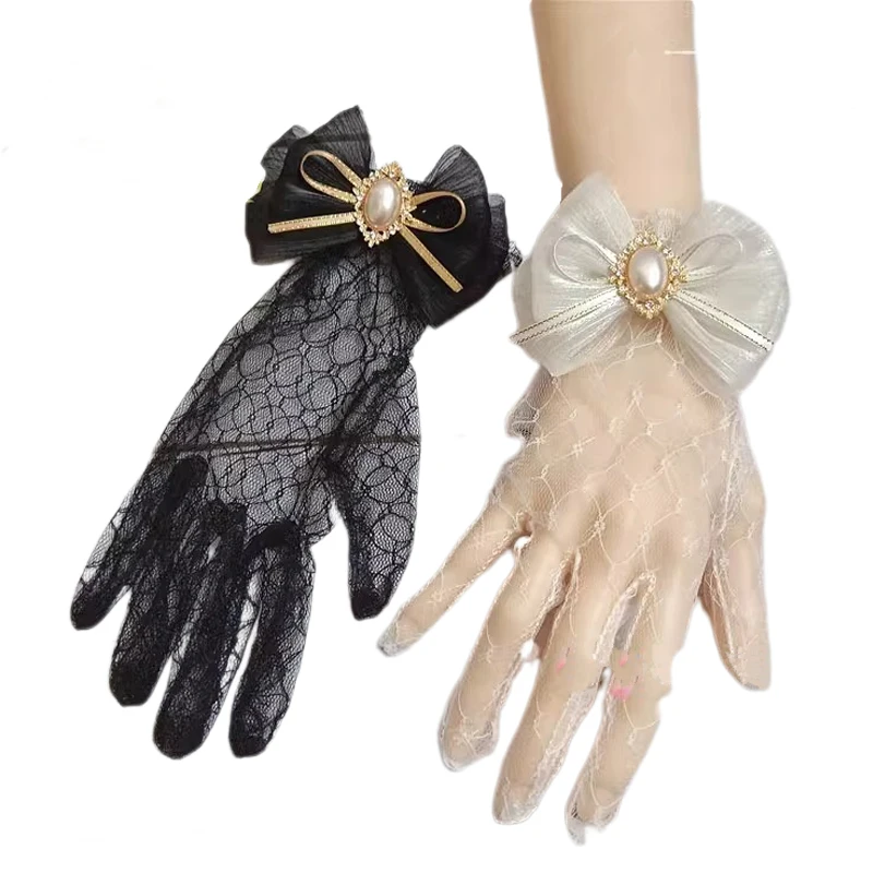 

Handmade Lolita Lace Gloves Japanese Sweet Girl Tea Party Wedding Bride Gorgeous Summer Bow Pearl Lace Gloves Mittens Accessory