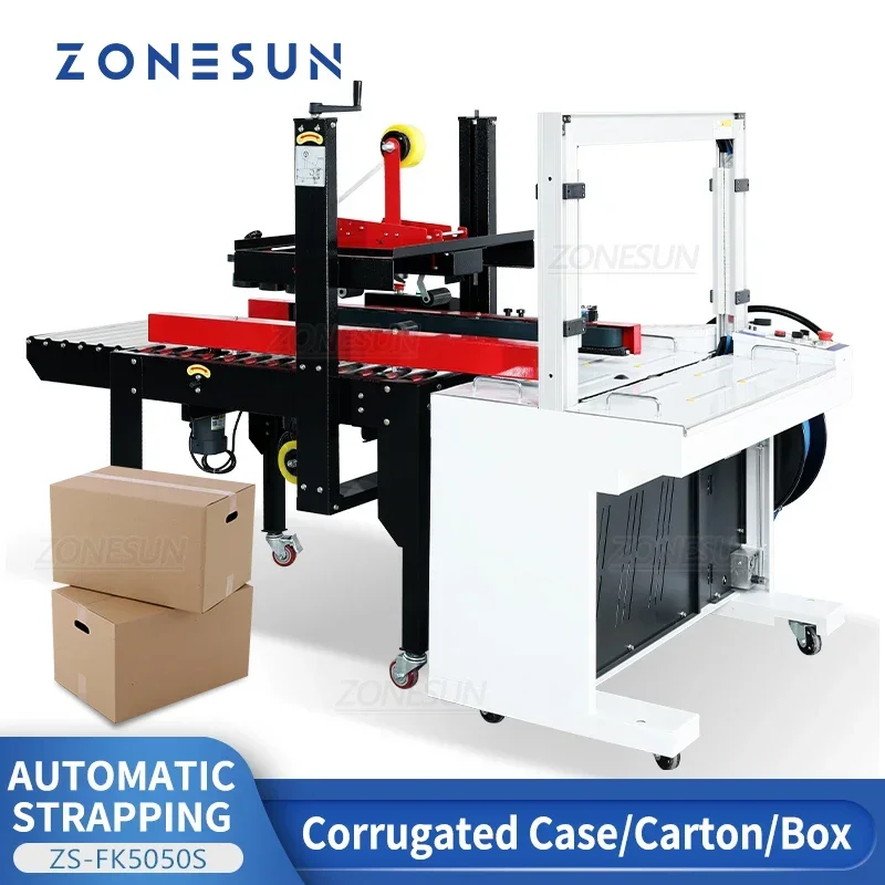 ZONESUN ZS-FK5050S ماكينة ختم الكرتون الأوتوماتيكية علبة تسجيل الربط معدات التعبئة والتغليف نظام الملاكمة تبسيط