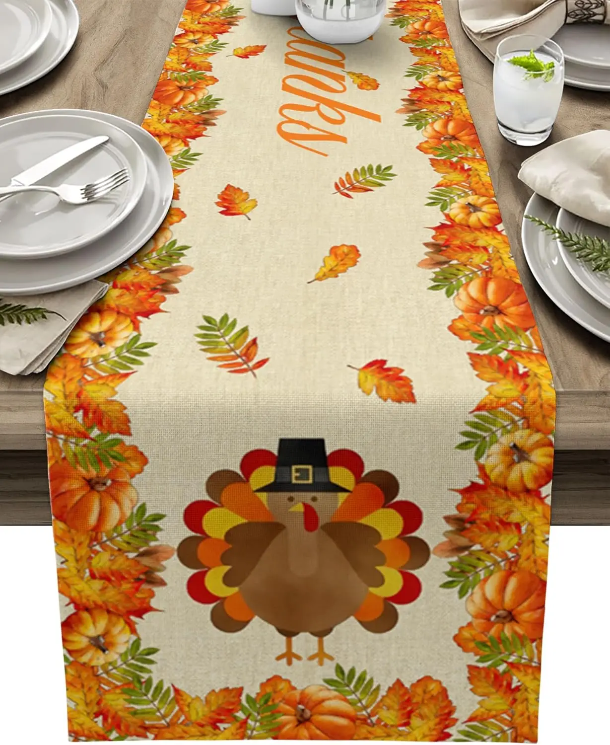 

Fall Maple Leaf Pumpkin Turkey Linen Table Runner Dresser Scarves Decor Reusable Kitchen Dining Table Runner Holiday Party Decor