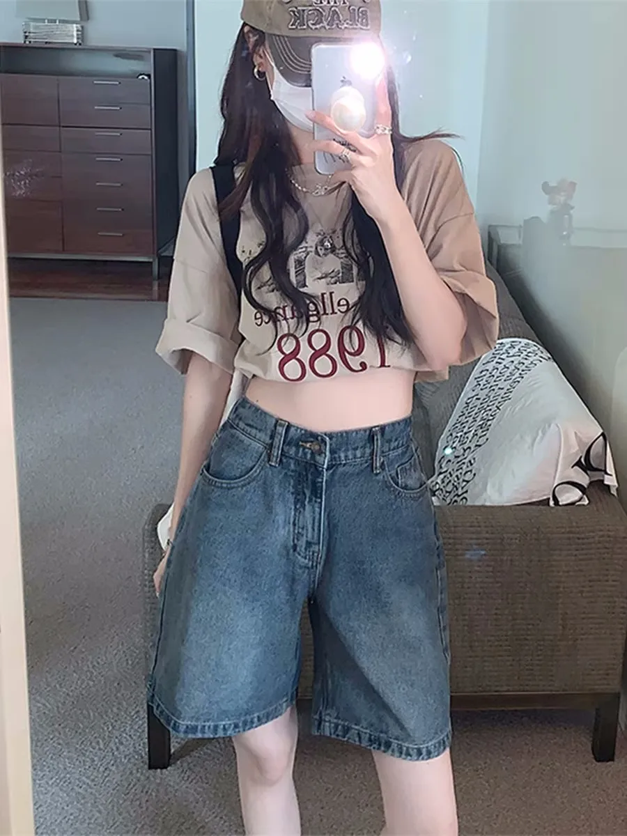 High Waist Wide Leg Denim Shorts Women's Student Summer New Style Loose Straight Cut Small Size Five-Quarter Middle Pants