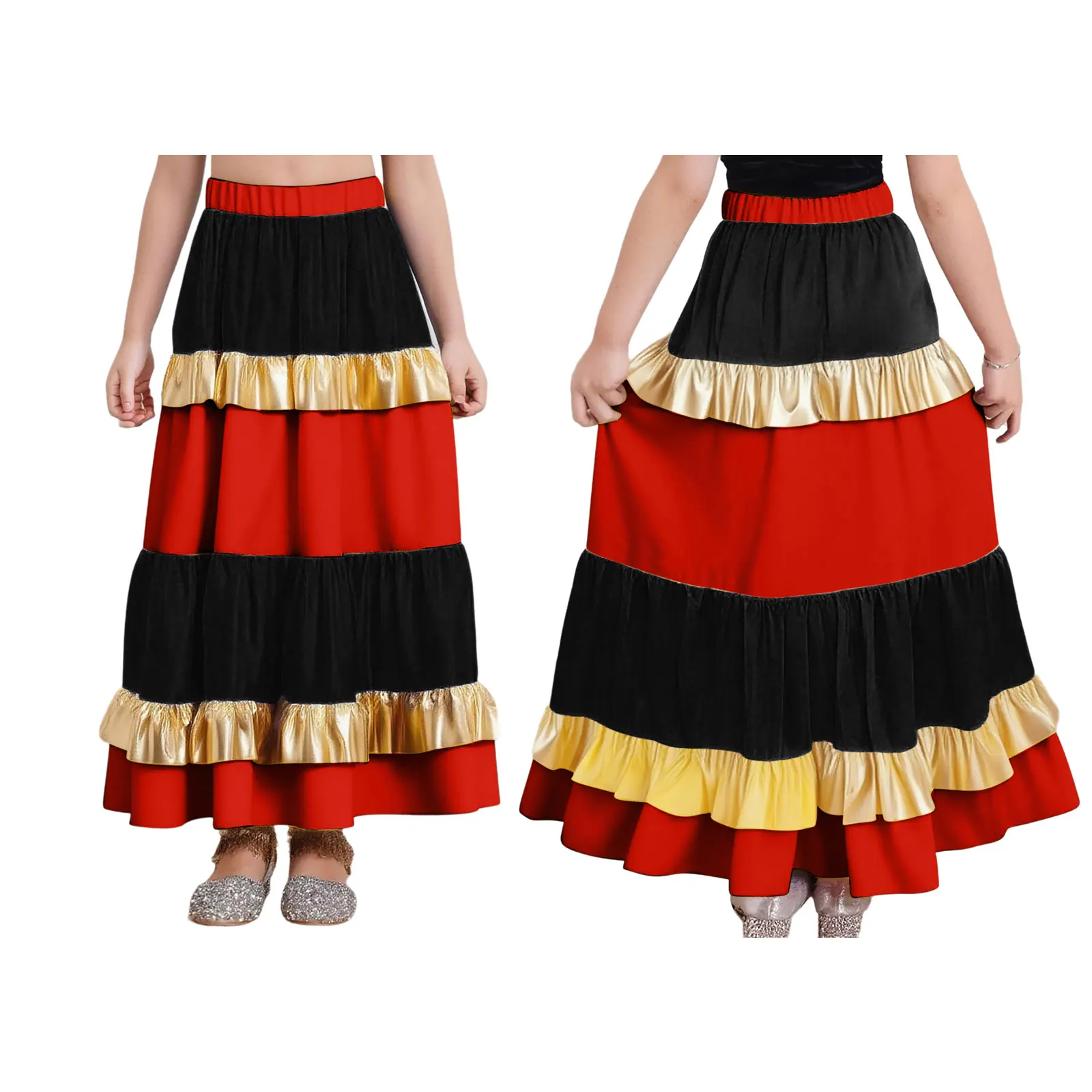 Kids Girls Waltz Flamenco Spanish Ballroom Dance Performance Costume Metallic Shiny Ruffled Satiny Big Swing Maxi Long Skirt