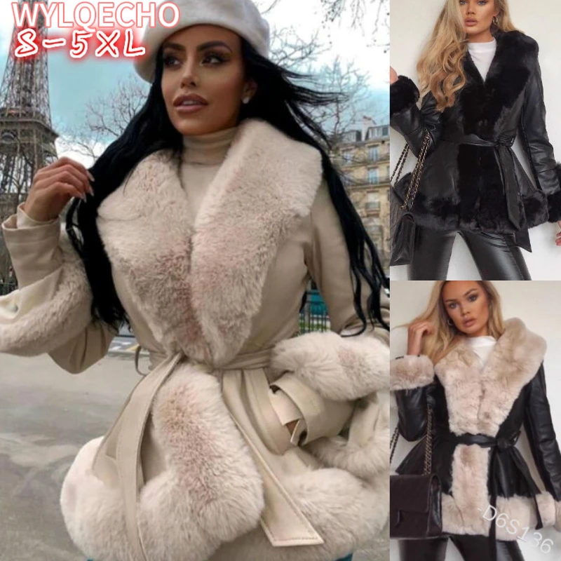 Moda donna PU Leather Tie Belt vita cappotti lunghi 2023 tasche laterali giacche elegante Solid Faux Fur Jacket donna soprabito Lady