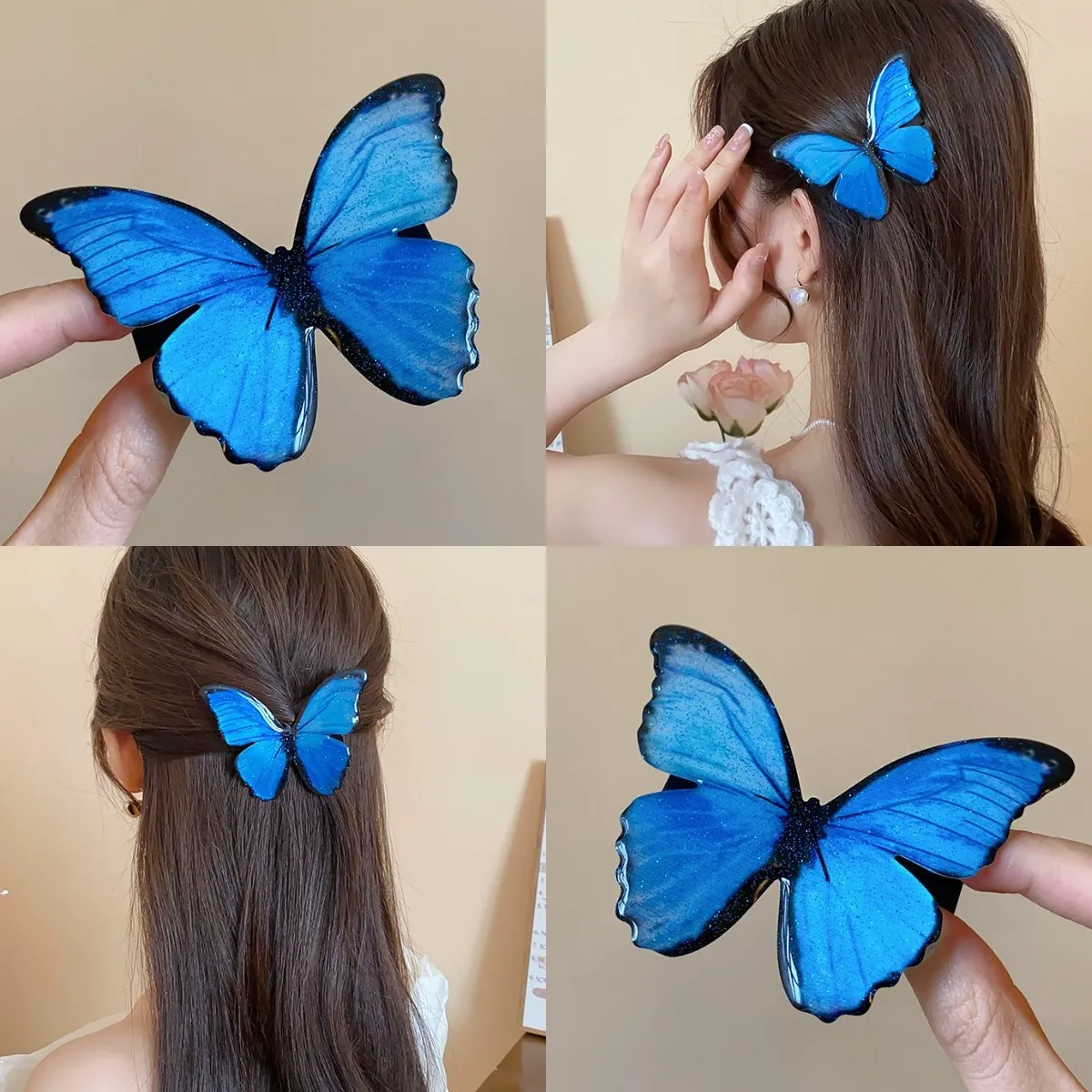 Fairy Dark Blue Gradient Butterfly Shiny Duckbill Hair Clips for Women Pastoral New Premium Dreamy Fashion Luxury Accessories