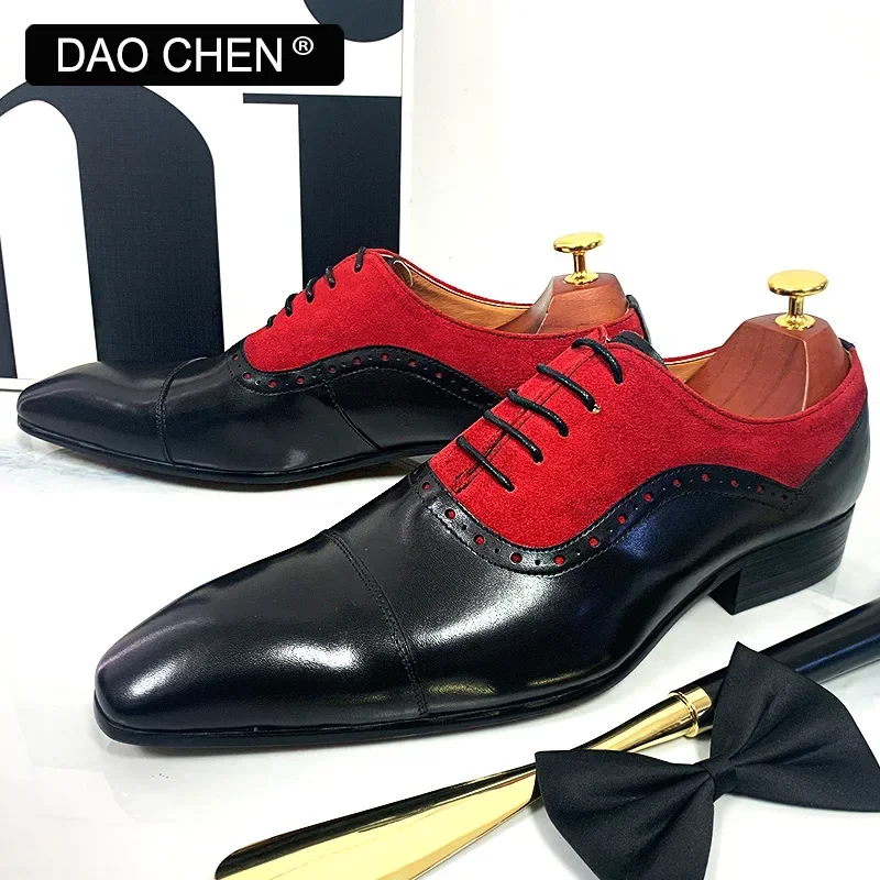 LUXURY MEN\'S OXFORD SHOES LACE UP BLCK MIXED RED SUEDE CASUAL MENS DRESS SHOES REAL LEATHER OFFICE WEDDING SHOES FOR MEN