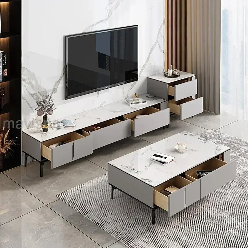 Affordable Long - lasting Marble Table TV Cabinet Storage Drawers Round Corner Design White Rock Slabs Smooth