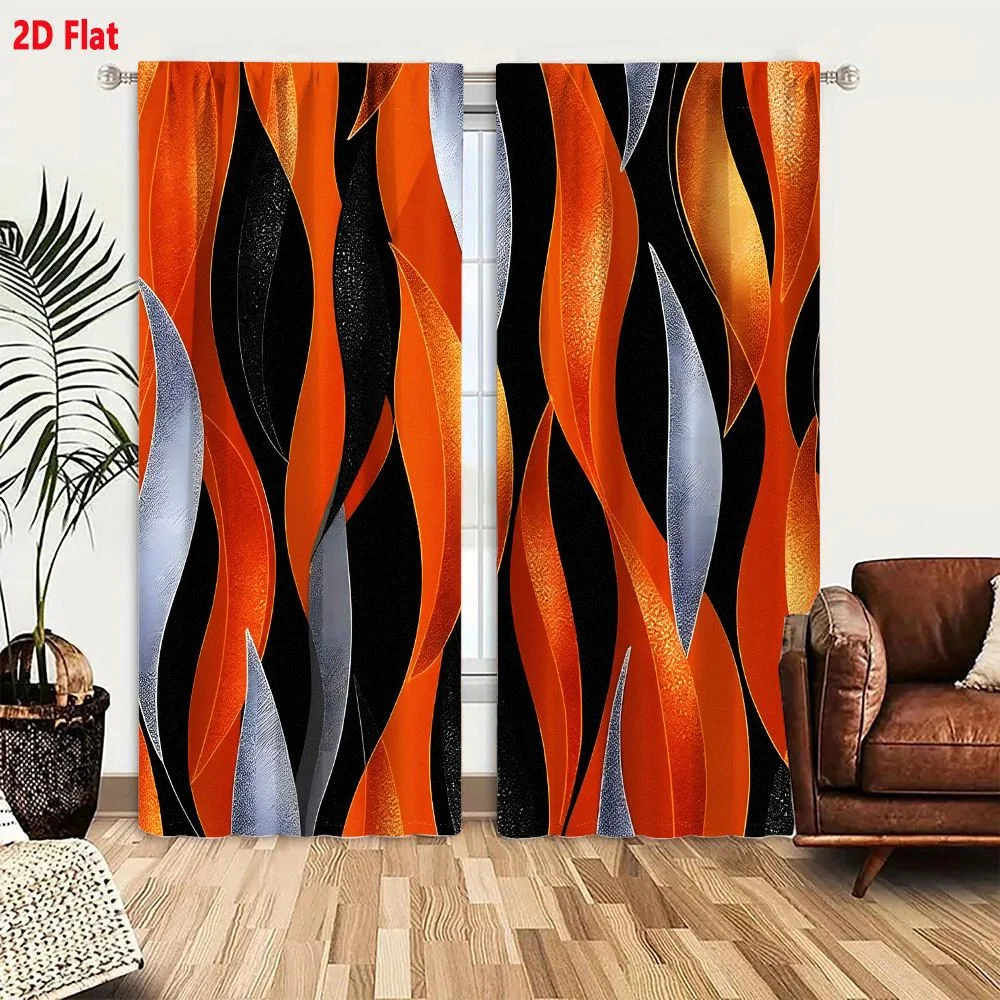 2Pcs Curtains Abstract Digital Art With Flowing Orange And Silver Ribbons On Black Background Window Drapes for Bedroom Room Dec