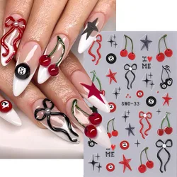 5D Cherry Bow Nail Art Sticker Y2K Heart Star 2/8 Ball Design Nail Decals Red Black Crazy French Floral DIY Manicure Decoration