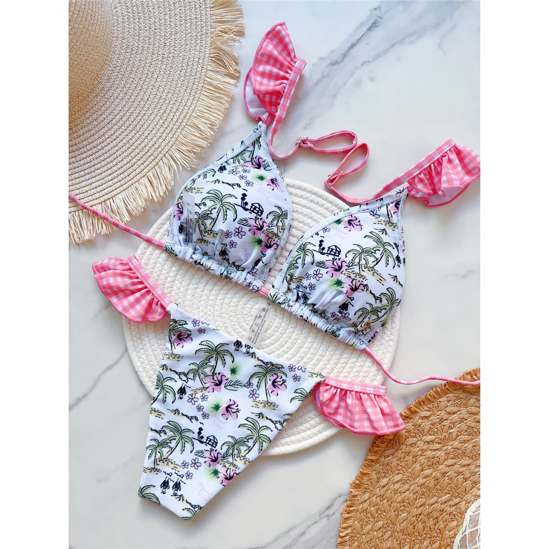 Bedruckter, gerüschter Bikini mit hohem Beinausschnitt, Damen-Badeanzug, zweiteiliges Bikini-Set, Badebekleidung, Badeanzug, Modell V6050. – Detail 7