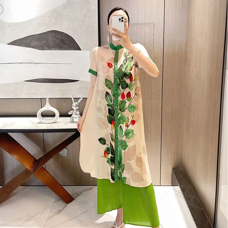 

Loose new female leaf print ethnic comfortable and slimming pleated dress female 2023 summer new short sleeve dress female tops