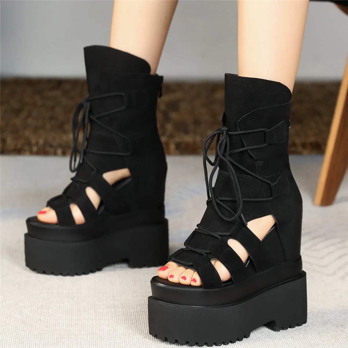 

Summer Wedges Fashion Sneakers Women Lace Up Cow Leather High Heel Gladiator Sandals Female Open Toe Platform Pumps Casual Shoes