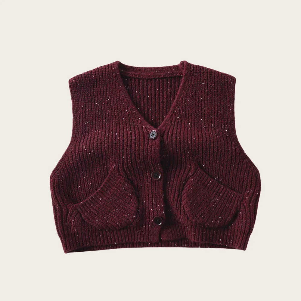 

1-6Y Baby Girls Boys Knitted Cardigan Vest Kids Girl Clothes Burgundy Soft Woolen Fabric Pocket Detail Casual Daily Wear Sweater