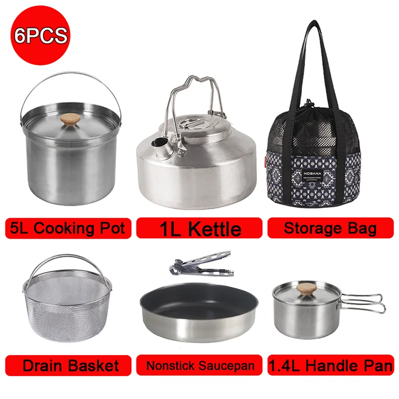 Stainless Steel Camping Cookware Outdoor Ultralight Portable Pot Frying Pan Set Folding Handle Picnic Hiking Cooking Tableware