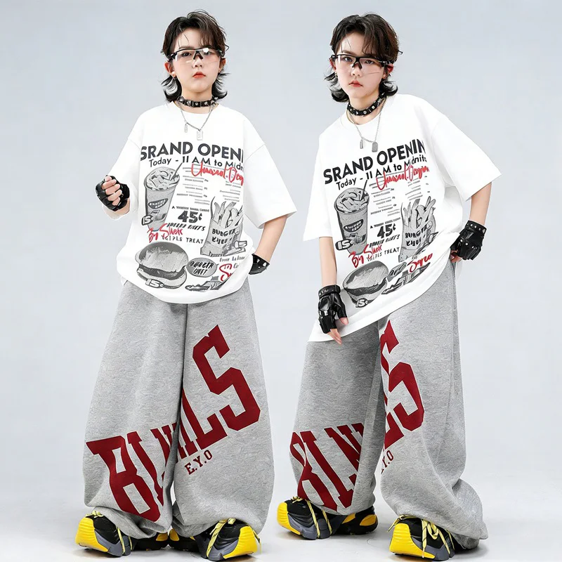 Jazz Dance Matching Set Hip Hop Street White T Shirt Wide Leg Pants Stage Training Street Dance Performance Outfit