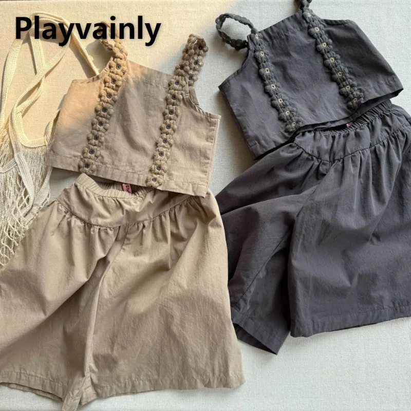 

2025 New Korean Style Girls' Summer Outfit 2-Piece Set Sleeveless Sling Vest Top+Wide Leg Shorts Fashion Children Wear A6211