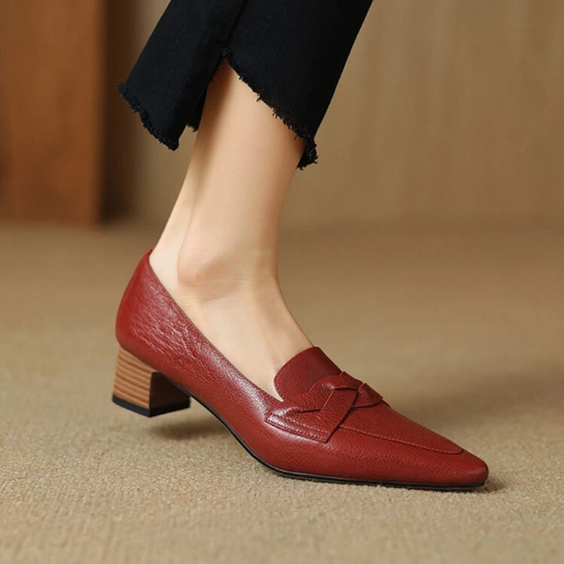 NEW Spring/Autumn Women Loafers Pointed Toe Chunky Heel Shoes Genuine Leather Shoes for Women High Heel Weave Black Women Pumps