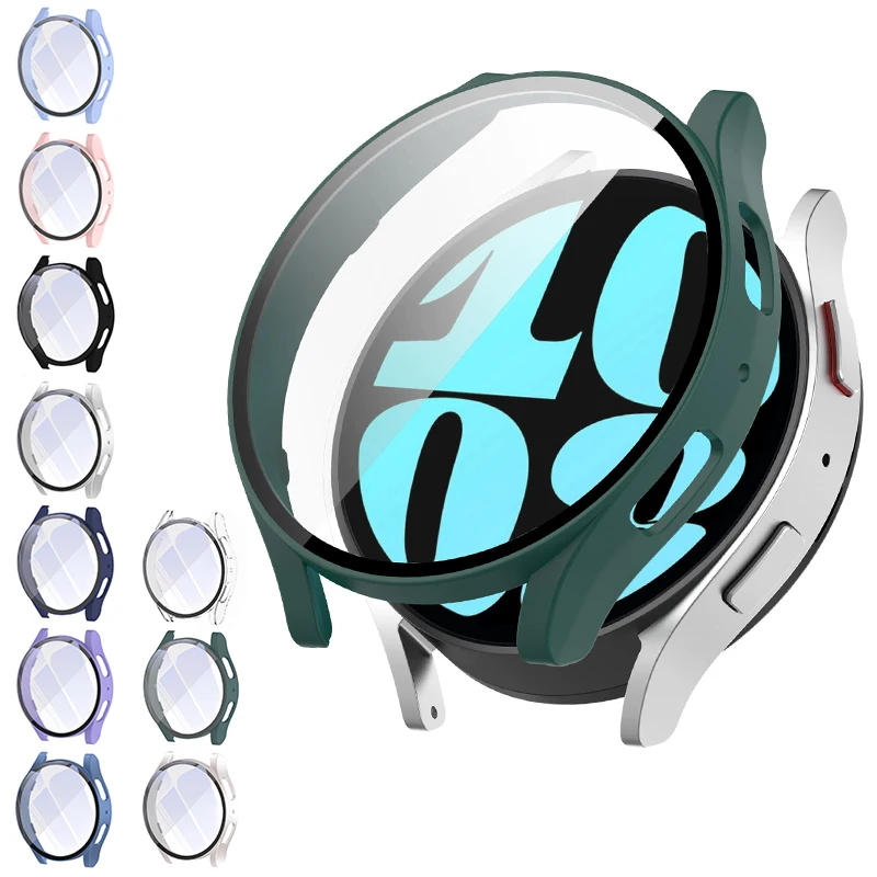 Kaca + casing pelindung untuk Samsung Galaxy Watch, penutup pelindung PC seluruh bagian Anti gores 6 40mm 44mm