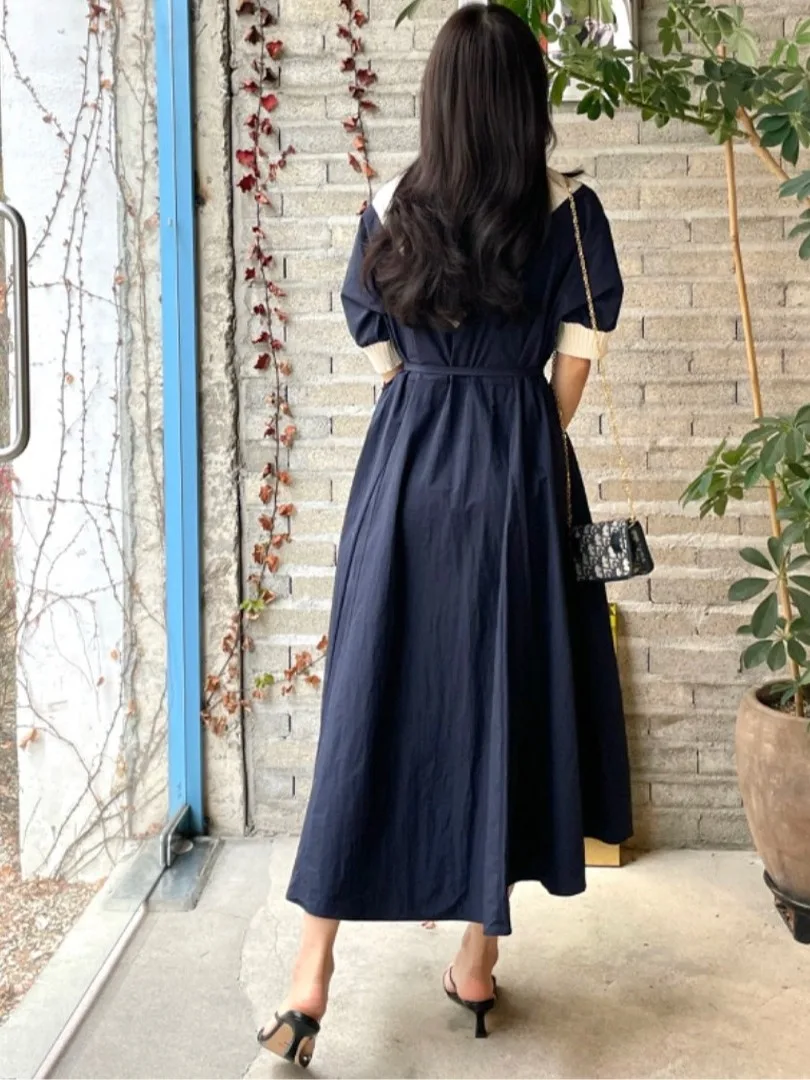 Longue épissure douce Dr Dongda Gate INS Ladylike plissé Midi Dr imprimé Floral f Sve ronde Ne X-ape Silhouette