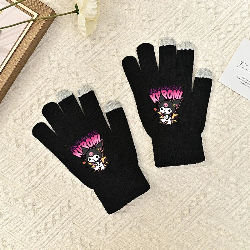 Sanrio Kuromi Children's Five Finger Gloves Cute Warmth Touchable Screen Knitted Glove Fashion Cartoon Anime Winter Printed Gift