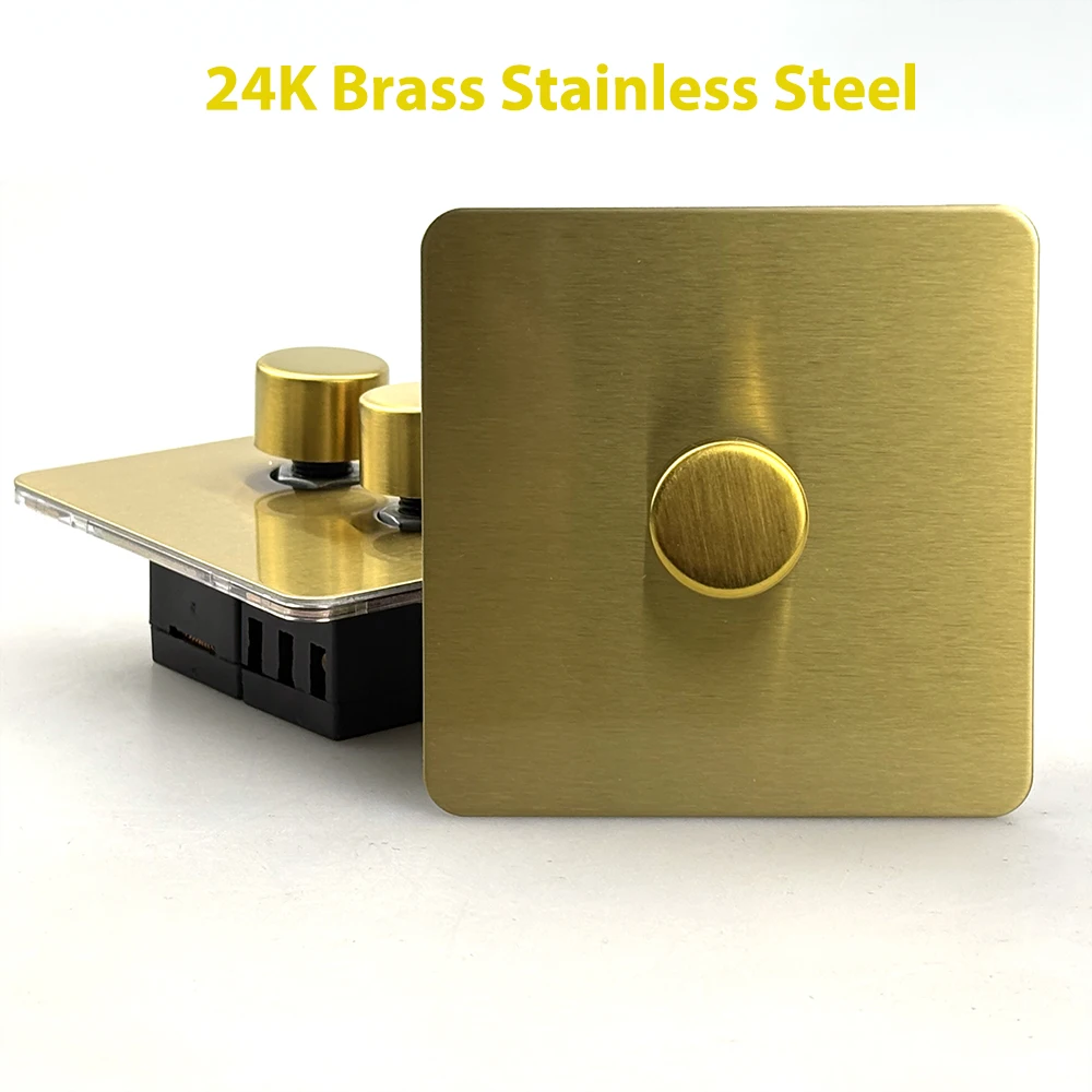 Dimmer Switch 2 Way Control Knurled Knob Button Brushed Brass Stainless Steel Plate 24K Gold Color Brightness Regulator UK Size
