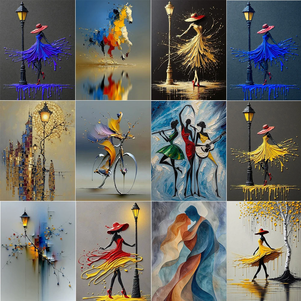 Abstract Hat Women Canvas Wall Art Poster Frameless Street Lamp Girl Canvas Print Painting for Living Room Home Decoration Gift