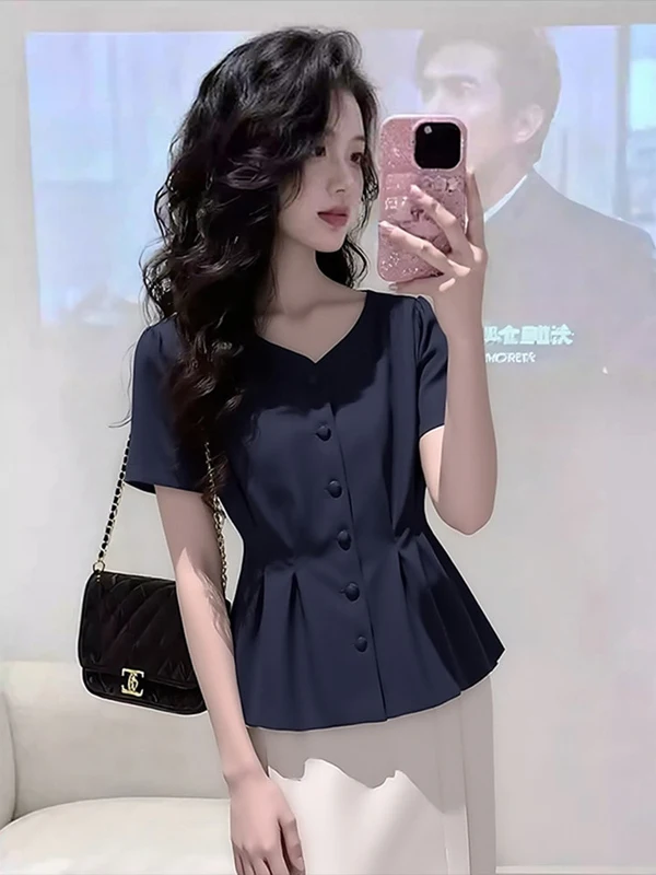 

Women's Slim Fit Short Sleeve Shirt V-Neck Design Casual Commute Style Waist-Cinching Regular Length Blue Color Spring Summer