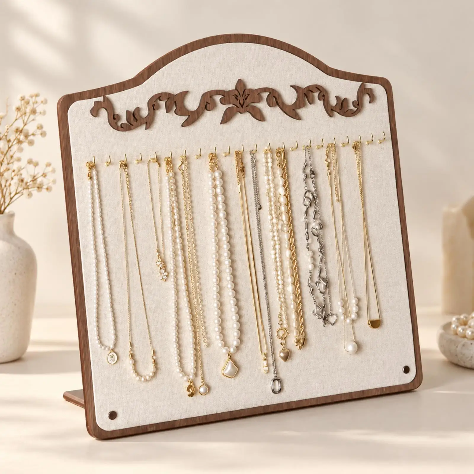 Hanging Jewelry Display Board Wooden Finish with Metal Hooks for Necklaces Chains Bracelets Organizer for Boutique Presentation
