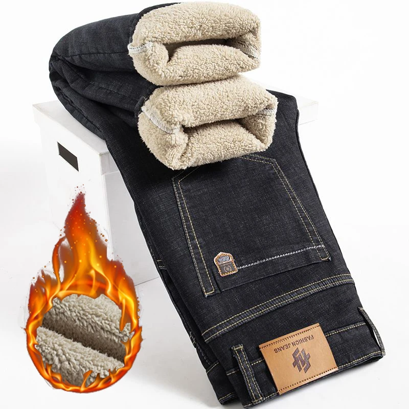 2026 Winter Men Thickened Warm Jeans Male Fashion Straight Leg Casual Trousers Classic Snow Warm Plush Fleece Denim Pants