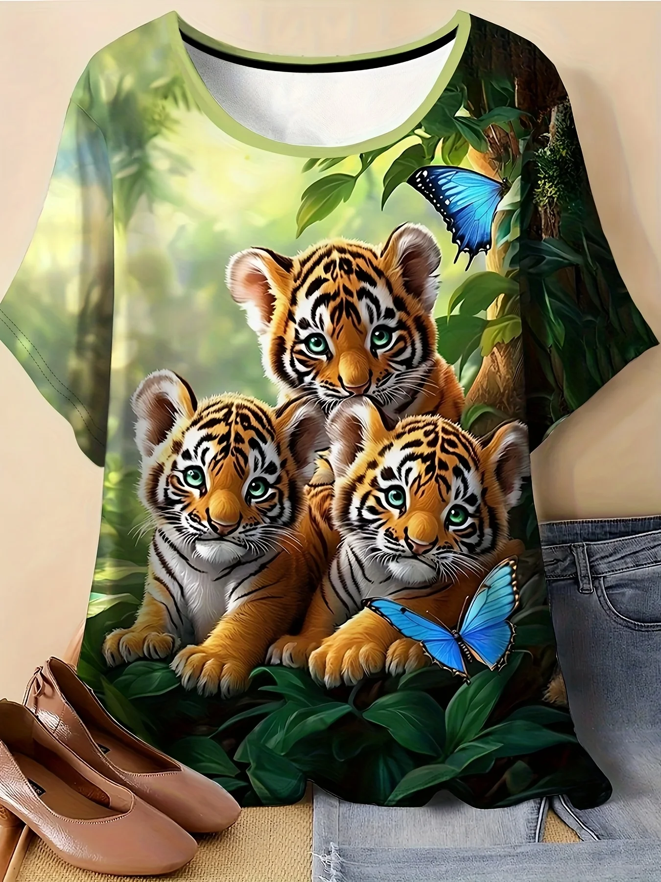 Women Crew Neck Short Sleeve T‑Shirt, Three Cute Baby Tigers Jungle Wildlife Art Graphic Tee