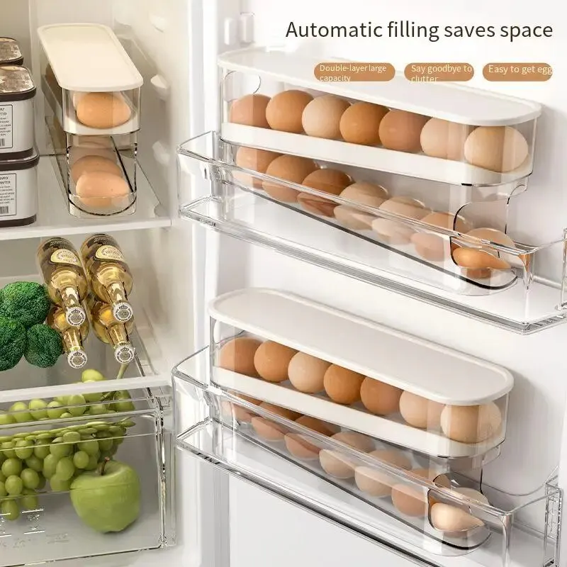 Egg Storage Rack, Refrigerator Egg Rack, Double-layer Slope Design with Automatic Filling, Narrow Seam Placement to Save Space