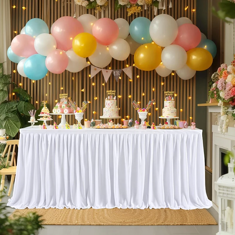 Białe spódnice stołowe Prostokątny obrus z poliestru z falbanką na wesele Urodziny Baby Bridal Shower Bankiet Dekoracje stołu