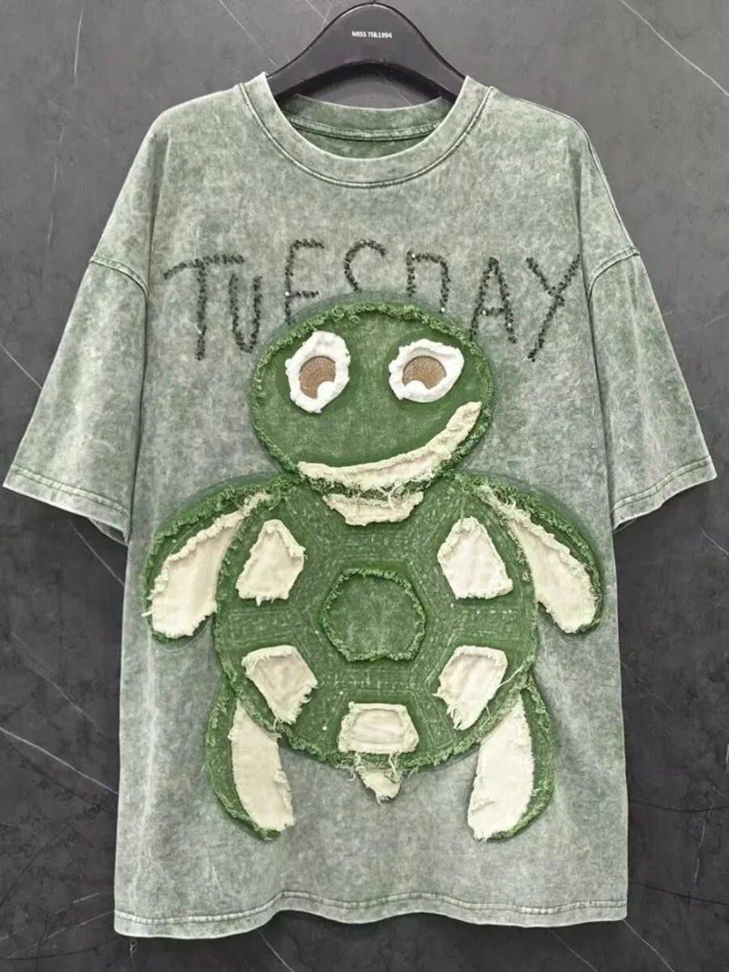 

Весна-лето, тяжелое мастерство, новая нашивка с блестками, вышивка, черепаха, футболка с короткими рукавами, женские свободные потертые зеленые винтажные топы