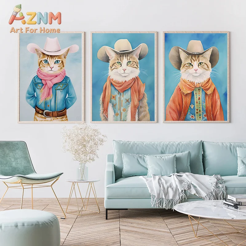 1pc frameless Canvas Painting Retro Abstract Animal Portrait Cowboy Different Cat Fashion Wear Poster Canvas Painting Wall Art P