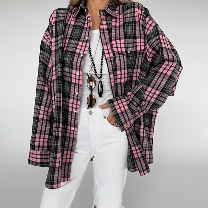 

Retro Plaid Women Shirt Autumn Long-sleeved Lapel Plaid Shirt Loose Single-breasted Casual Street Top Open-clad Women New Style