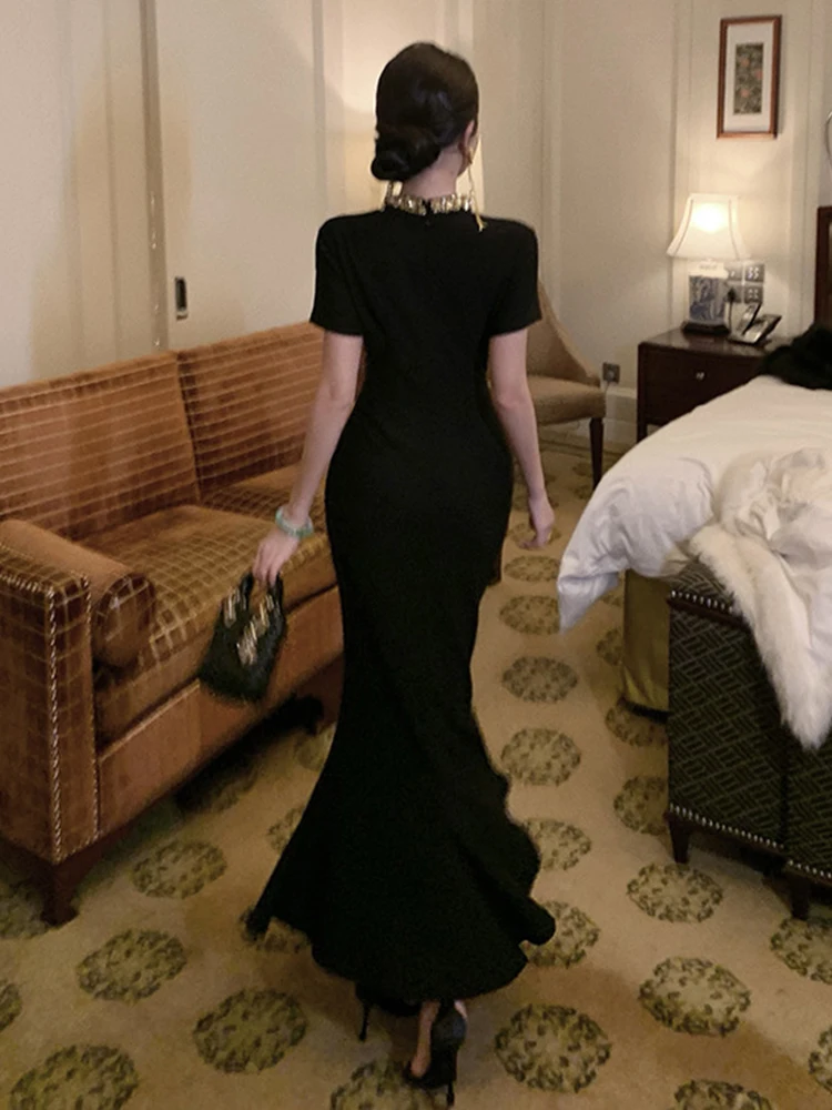 Frauen Kleidung Schwarz Gold Pailletten Oansatz Dünne Maxi Lange Abendkleid Elegante Dame Party Geburtstag Vestido Fiesta Robe Sommer Neue