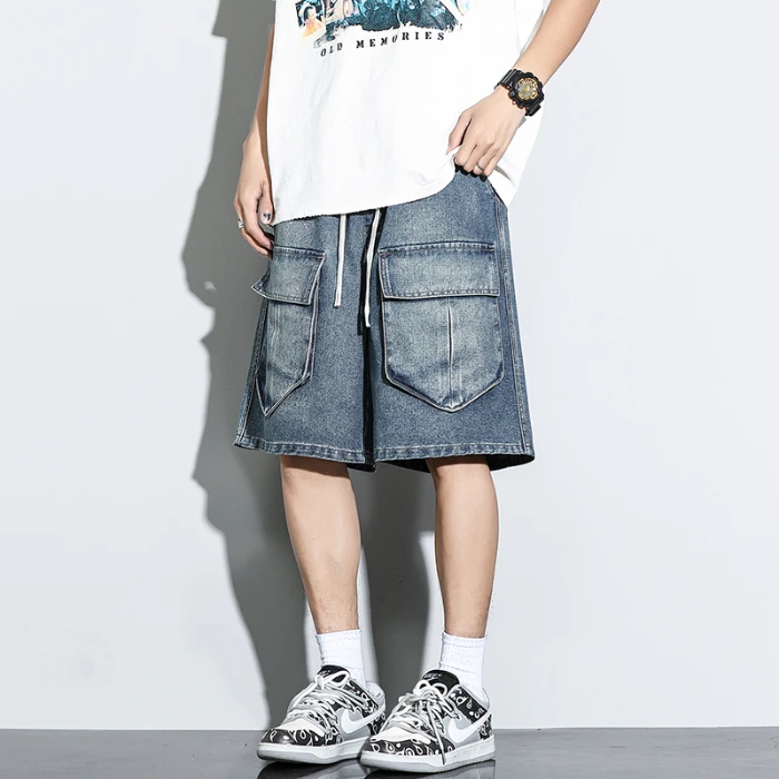 Men's Streetwear Cargo Denim Shorts Loose Straight Leg Elastic Waist Multi-Pocket Basic Versatile Washed Mid-Length Work Shorts